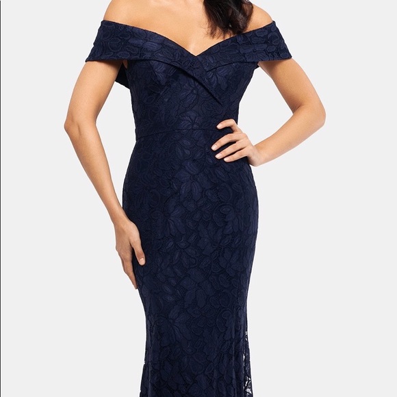 Xcape Off-the-shoulder lace long dress (navy) - Picture 1 of 3